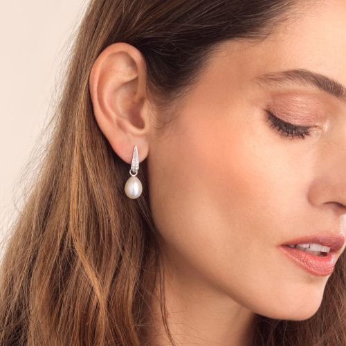White Pearl & Diamond Earrings