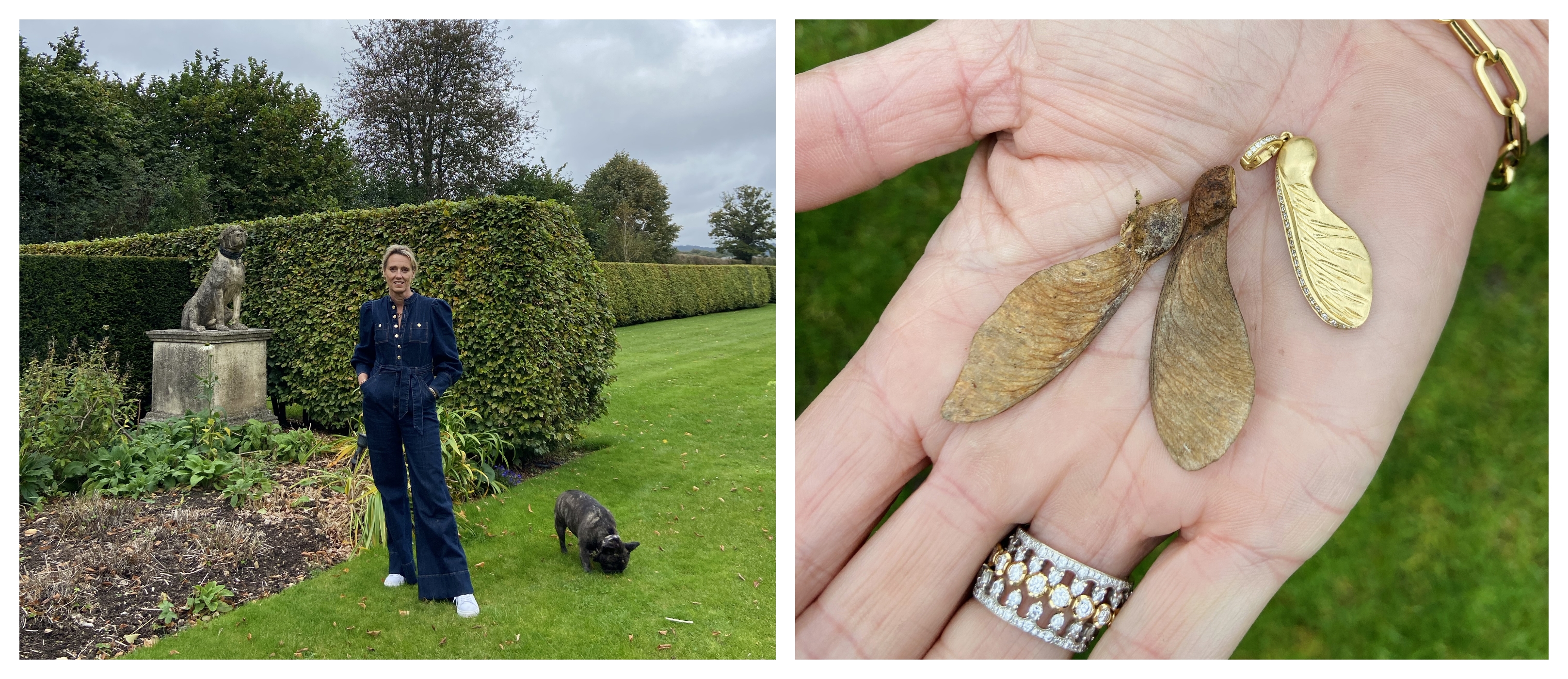 woman with bulldog in garden 