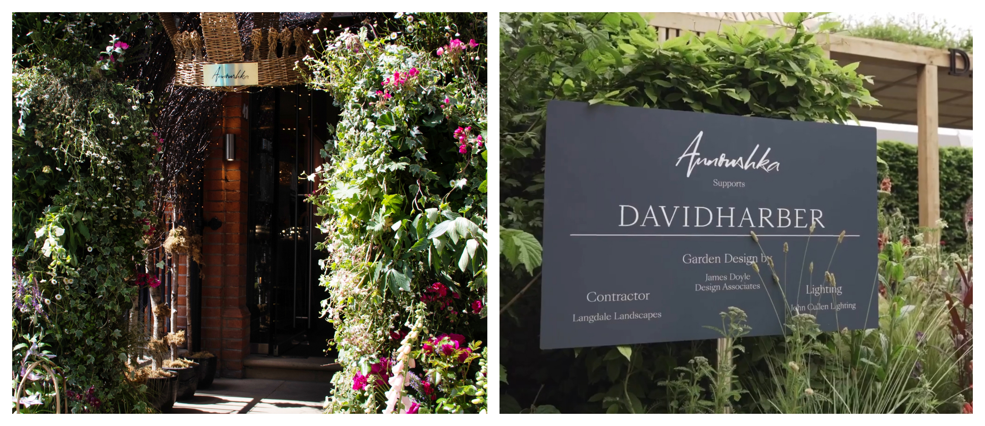 storefront decorated with greenery and flowers 