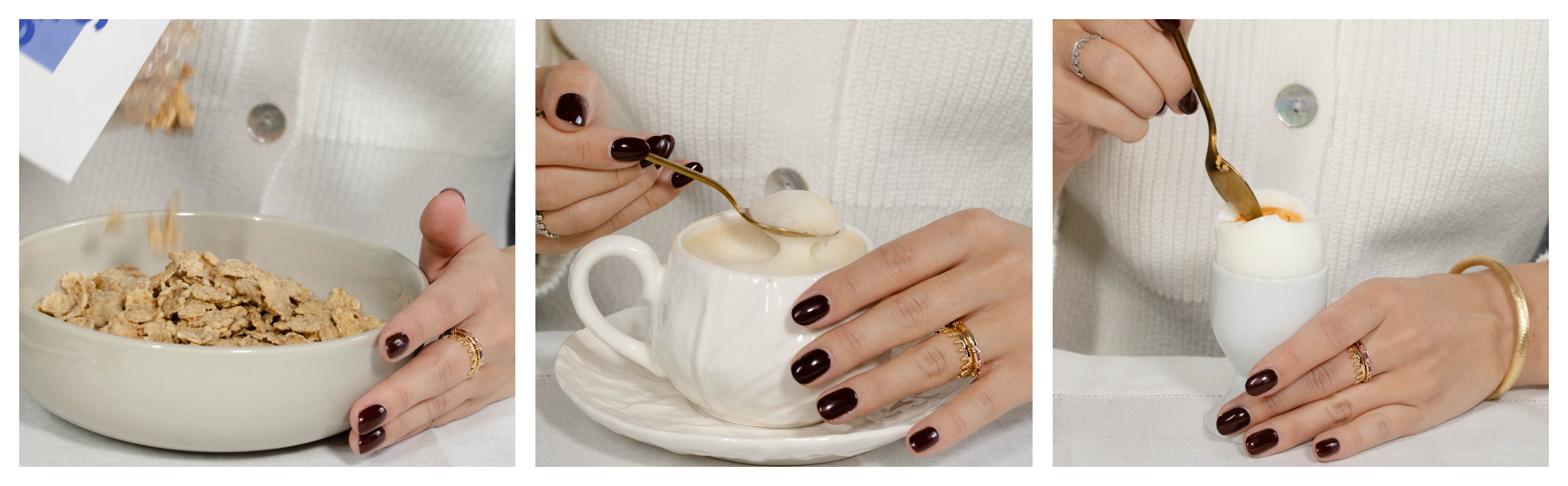 woman having cereal, coffee and egg wearing gold jewellery 