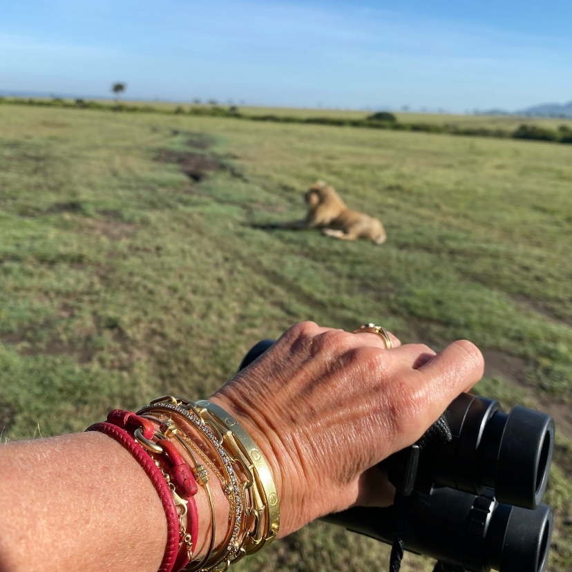 woman's hand and wrist wearing bracelets and holding binoculars 